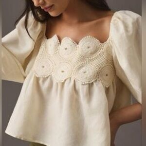 By Anthropologie Ivory Lace Detail Babydoll Crop Top Size Medium